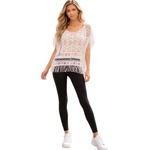 White Crochet Boho Top with Fringe Hem | Size S/M
